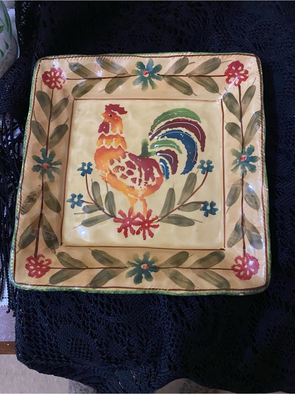 Oster Hand-Painted Rooster Square Serving Plate - Yellow, Green, Blue, Red